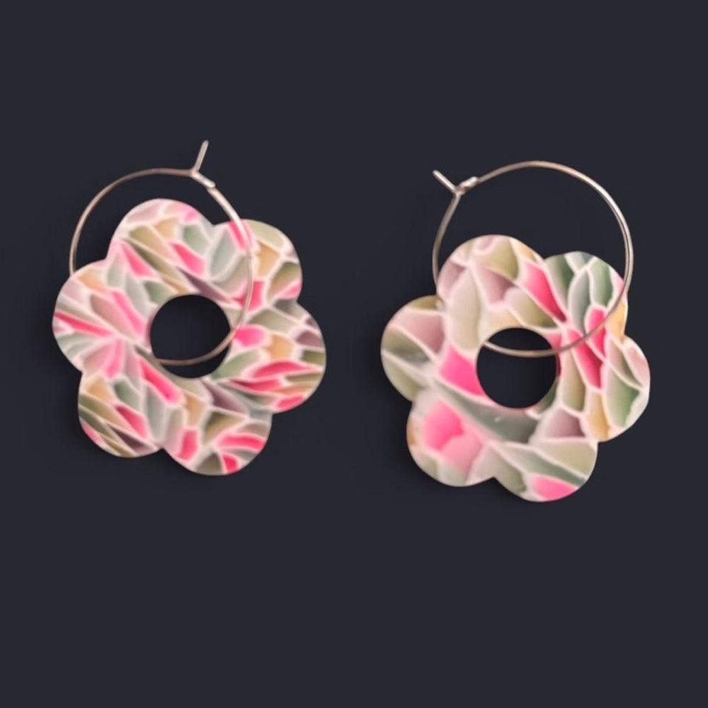 Pink & Green Floral Hoop Drop Earrings